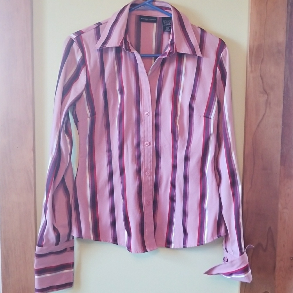 Millennial pink button down with metallic stripes